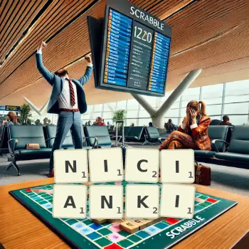 Kreatywna ilustracja do gry w Scrabble ze słowem NICIANKI ułożonym z płytek na planszy.