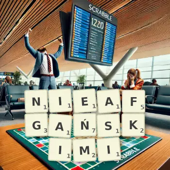 Kreatywna ilustracja do gry w Scrabble ze słowem NIEAFGAŃSKIMI ułożonym z płytek na planszy.