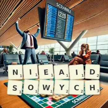 Kreatywna ilustracja do gry w Scrabble ze słowem NIEAIDSOWYCH ułożonym z płytek na planszy.