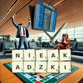 Kreatywna ilustracja do gry w Scrabble ze słowem NIEAKADZKI ułożonym z płytek na planszy.