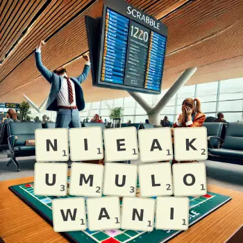 Kreatywna ilustracja do gry w Scrabble ze słowem NIEAKUMULOWANI ułożonym z płytek na planszy.