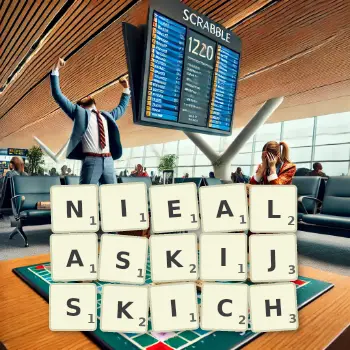 Kreatywna ilustracja do gry w Scrabble ze słowem NIEALASKIJSKICH ułożonym z płytek na planszy.