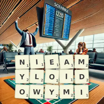 Kreatywna ilustracja do gry w Scrabble ze słowem NIEAMYLOIDOWYMI ułożonym z płytek na planszy.