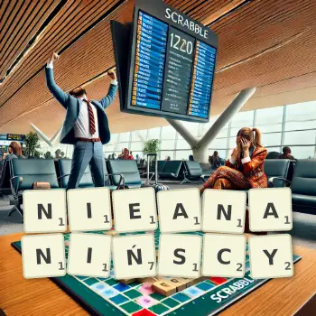 Kreatywna ilustracja do gry w Scrabble ze słowem NIEANANIŃSCY ułożonym z płytek na planszy.