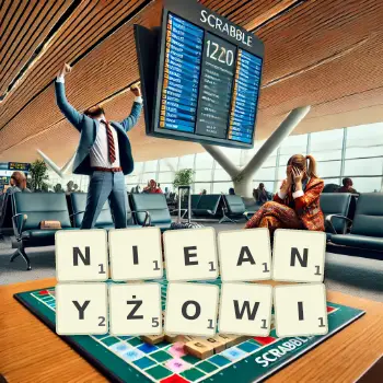 Kreatywna ilustracja do gry w Scrabble ze słowem NIEANYŻOWI ułożonym z płytek na planszy.