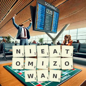 Kreatywna ilustracja do gry w Scrabble ze słowem NIEATOMIZOWAN ułożonym z płytek na planszy.