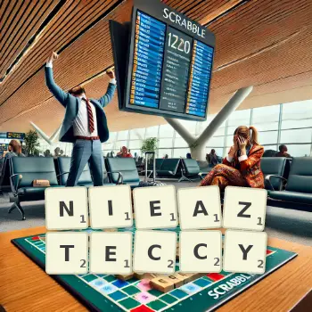 Kreatywna ilustracja do gry w Scrabble ze słowem NIEAZTECCY ułożonym z płytek na planszy.