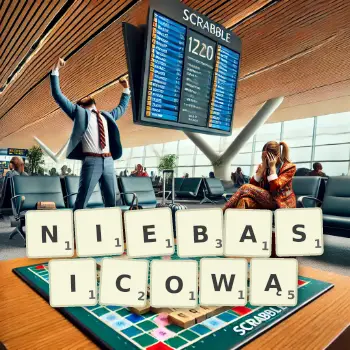 Kreatywna ilustracja do gry w Scrabble ze słowem NIEBASICOWĄ ułożonym z płytek na planszy.