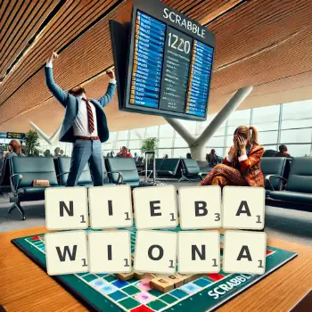Kreatywna ilustracja do gry w Scrabble ze słowem NIEBAWIONA ułożonym z płytek na planszy.