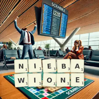 Kreatywna ilustracja do gry w Scrabble ze słowem NIEBAWIONE ułożonym z płytek na planszy.