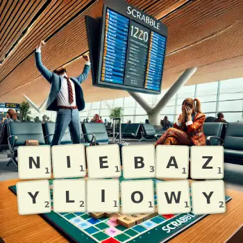 Kreatywna ilustracja do gry w Scrabble ze słowem NIEBAZYLIOWY ułożonym z płytek na planszy.