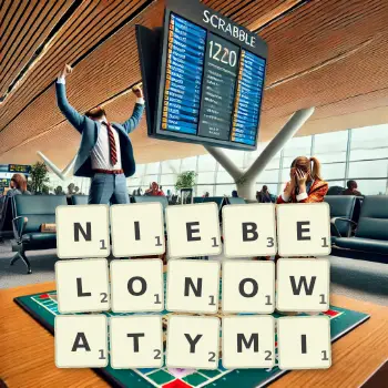 Kreatywna ilustracja do gry w Scrabble ze słowem NIEBELONOWATYMI ułożonym z płytek na planszy.