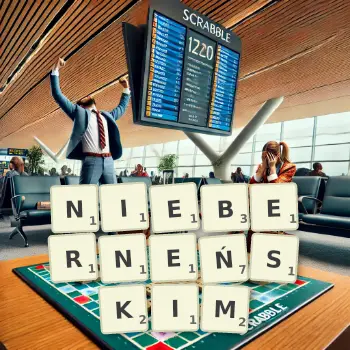 Kreatywna ilustracja do gry w Scrabble ze słowem NIEBERNEŃSKIM ułożonym z płytek na planszy.
