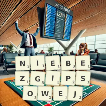 Kreatywna ilustracja do gry w Scrabble ze słowem NIEBEZGIPSOWEJ ułożonym z płytek na planszy.