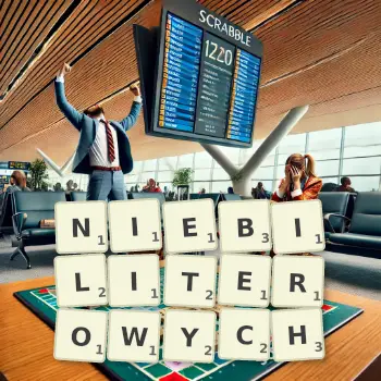 Kreatywna ilustracja do gry w Scrabble ze słowem NIEBILITEROWYCH ułożonym z płytek na planszy.