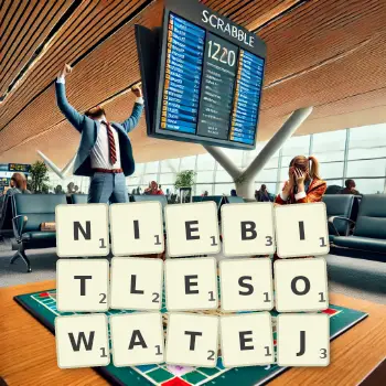 Kreatywna ilustracja do gry w Scrabble ze słowem NIEBITLESOWATEJ ułożonym z płytek na planszy.