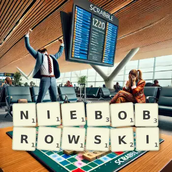 Kreatywna ilustracja do gry w Scrabble ze słowem NIEBOBROWSKI ułożonym z płytek na planszy.