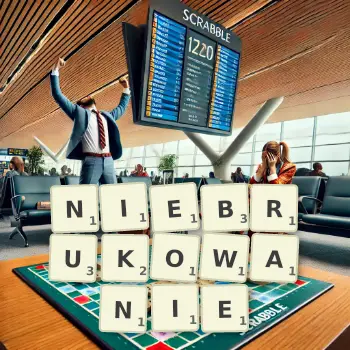 Kreatywna ilustracja do gry w Scrabble ze słowem NIEBRUKOWANIE ułożonym z płytek na planszy.