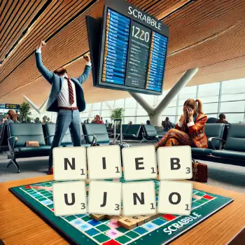 Kreatywna ilustracja do gry w Scrabble ze słowem NIEBUJNO ułożonym z płytek na planszy.