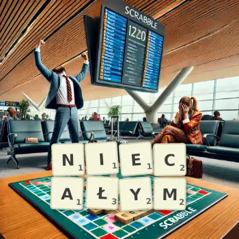 Kreatywna ilustracja do gry w Scrabble ze słowem NIECAŁYM ułożonym z płytek na planszy.