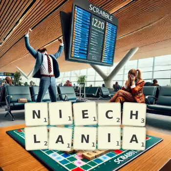 Kreatywna ilustracja do gry w Scrabble ze słowem NIECHLANIA ułożonym z płytek na planszy.