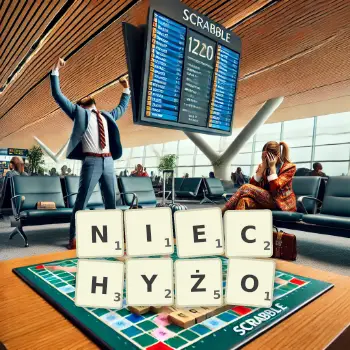 Kreatywna ilustracja do gry w Scrabble ze słowem NIECHYŻO ułożonym z płytek na planszy.