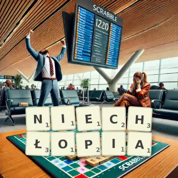 Kreatywna ilustracja do gry w Scrabble ze słowem NIECHŁOPIA ułożonym z płytek na planszy.