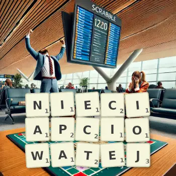 Kreatywna ilustracja do gry w Scrabble ze słowem NIECIAPCIOWATEJ ułożonym z płytek na planszy.
