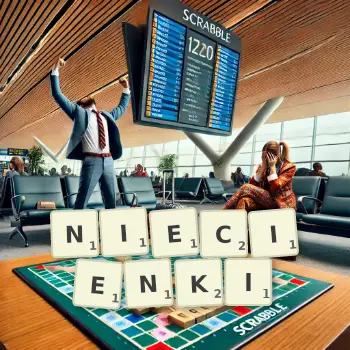Kreatywna ilustracja do gry w Scrabble ze słowem NIECIENKI ułożonym z płytek na planszy.