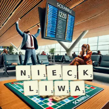 Kreatywna ilustracja do gry w Scrabble ze słowem NIECKLIWA ułożonym z płytek na planszy.