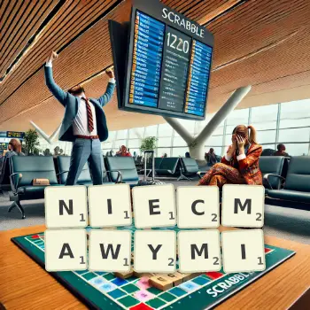 Kreatywna ilustracja do gry w Scrabble ze słowem NIECMAWYMI ułożonym z płytek na planszy.