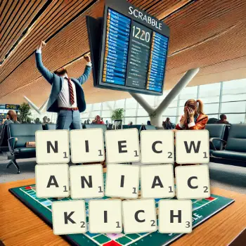 Kreatywna ilustracja do gry w Scrabble ze słowem NIECWANIACKICH ułożonym z płytek na planszy.