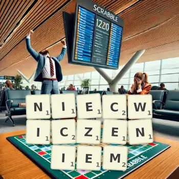 Kreatywna ilustracja do gry w Scrabble ze słowem NIECWICZENIEM ułożonym z płytek na planszy.
