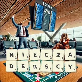 Kreatywna ilustracja do gry w Scrabble ze słowem NIECZADERSCY ułożonym z płytek na planszy.
