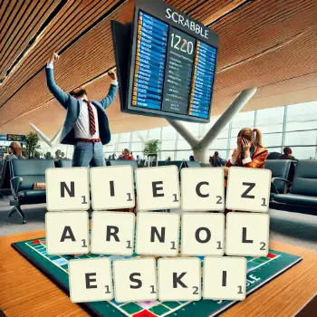 Kreatywna ilustracja do gry w Scrabble ze słowem NIECZARNOLESKI ułożonym z płytek na planszy.
