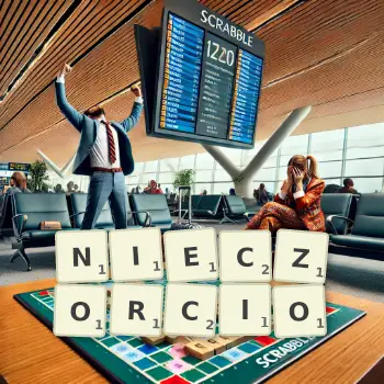Kreatywna ilustracja do gry w Scrabble ze słowem NIECZORCIO ułożonym z płytek na planszy.