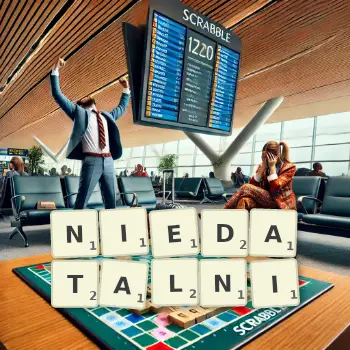 Kreatywna ilustracja do gry w Scrabble ze słowem NIEDATALNI ułożonym z płytek na planszy.