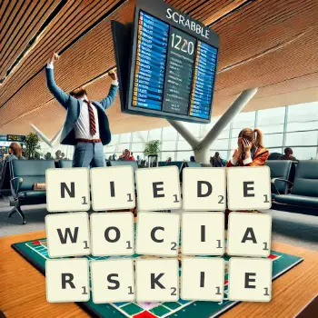 Kreatywna ilustracja do gry w Scrabble ze słowem NIEDEWOCIARSKIE ułożonym z płytek na planszy.