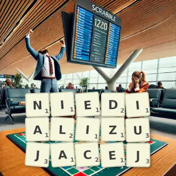 Kreatywna ilustracja do gry w Scrabble ze słowem NIEDIALIZUJACEJ ułożonym z płytek na planszy.