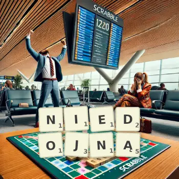 Kreatywna ilustracja do gry w Scrabble ze słowem NIEDOJNĄ ułożonym z płytek na planszy.