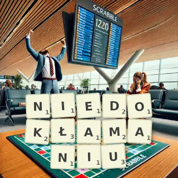 Kreatywna ilustracja do gry w Scrabble ze słowem NIEDOKŁAMANIU ułożonym z płytek na planszy.