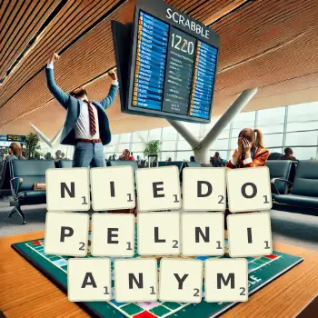 Kreatywna ilustracja do gry w Scrabble ze słowem NIEDOPELNIANYM ułożonym z płytek na planszy.