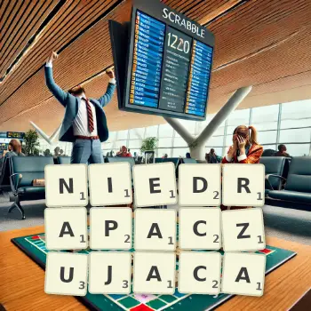 Kreatywna ilustracja do gry w Scrabble ze słowem NIEDRAPACZUJACA ułożonym z płytek na planszy.