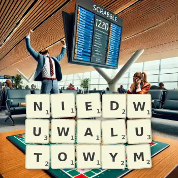 Kreatywna ilustracja do gry w Scrabble ze słowem NIEDWUWALUTOWYM ułożonym z płytek na planszy.