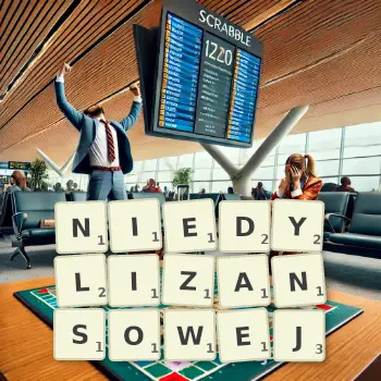 Kreatywna ilustracja do gry w Scrabble ze słowem NIEDYLIZANSOWEJ ułożonym z płytek na planszy.