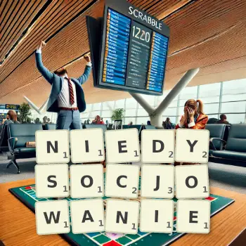 Kreatywna ilustracja do gry w Scrabble ze słowem NIEDYSOCJOWANIE ułożonym z płytek na planszy.