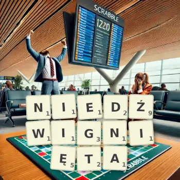 Kreatywna ilustracja do gry w Scrabble ze słowem NIEDŹWIGNIĘTA ułożonym z płytek na planszy.