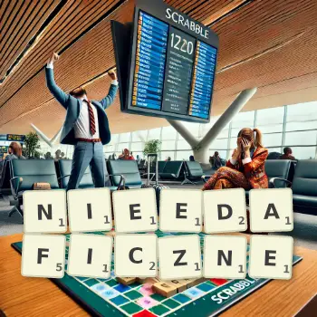 Kreatywna ilustracja do gry w Scrabble ze słowem NIEEDAFICZNE ułożonym z płytek na planszy.