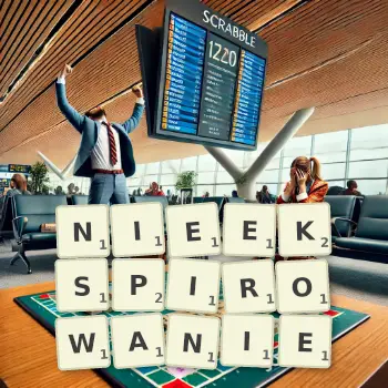 Kreatywna ilustracja do gry w Scrabble ze słowem NIEEKSPIROWANIE ułożonym z płytek na planszy.
