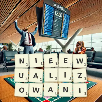 Kreatywna ilustracja do gry w Scrabble ze słowem NIEEWUALIZOWANI ułożonym z płytek na planszy.